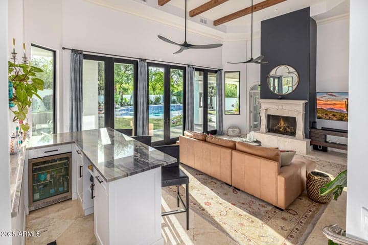 family room with bar