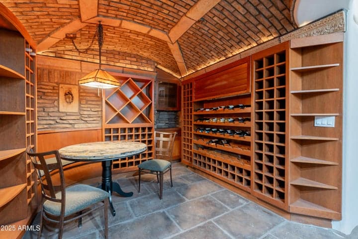 Chilled wine storage accommodates hundreds of bottles