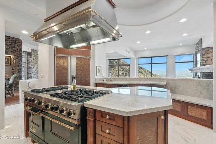 Commercial grade exhaust system and copper accented Sub Zero refrigerator